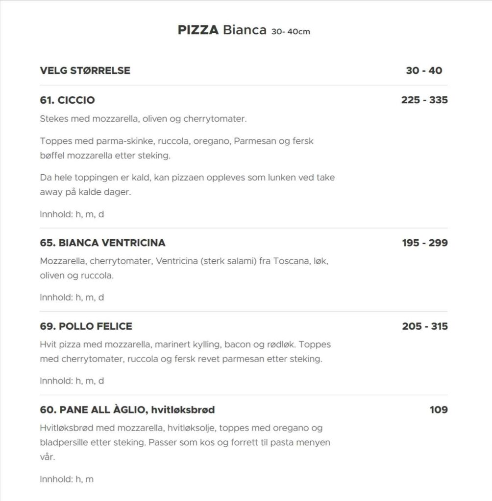 Al Forno Pizza Bianca Meny Med Pris