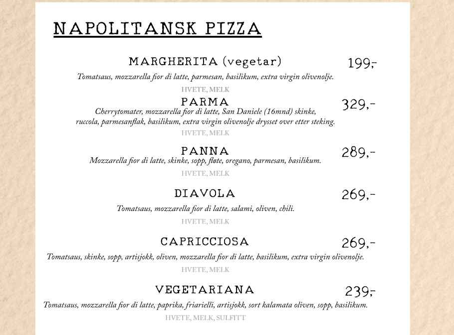 Villani Pizza Napoletana Meny Pris.