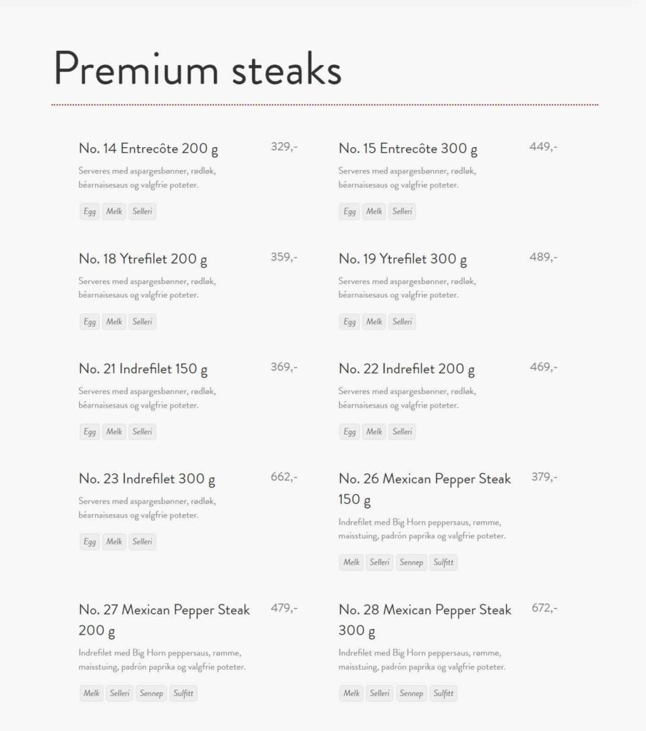 Big horn Premium Steaks Meny Med Pris