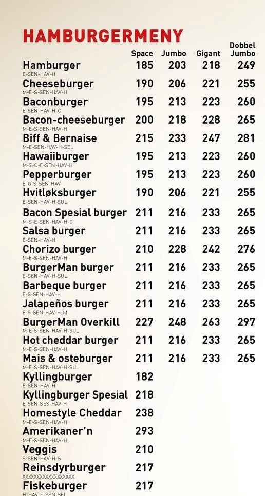 Burgerman Hamburger Meny