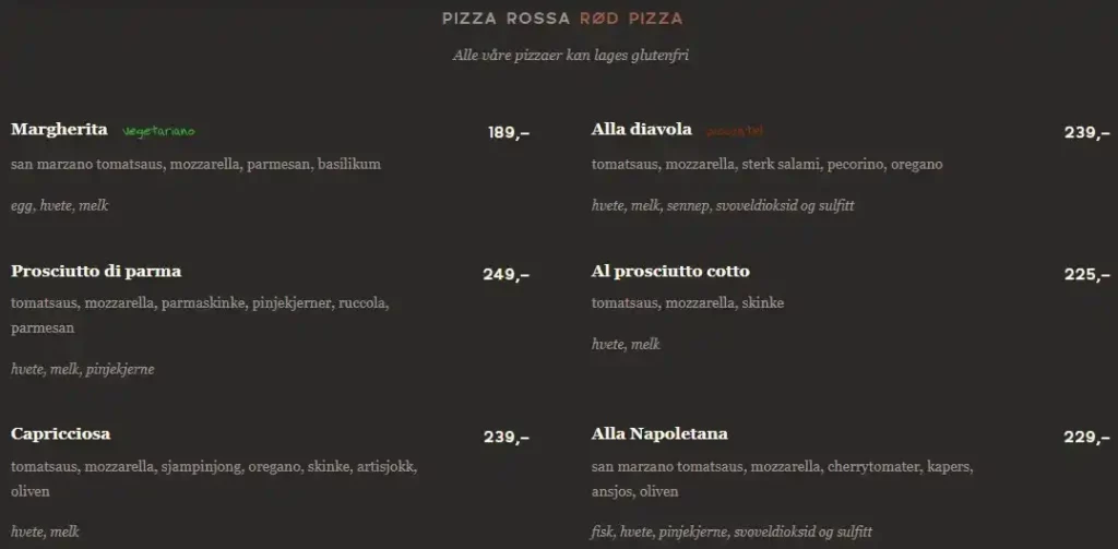 Olivia Pizza Rossa Meny Pris