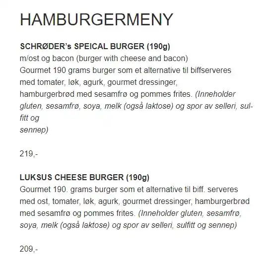 Schrøder Restaurant Hamburger Pris