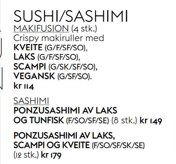 Xeast Meny Sushi Sashimi Pris