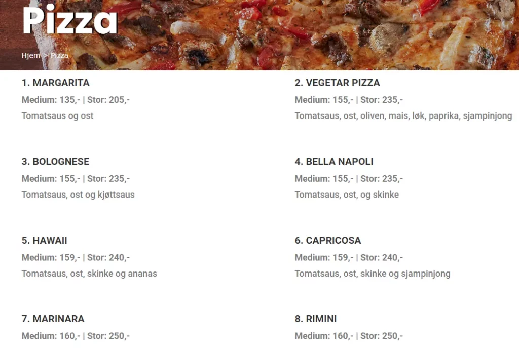 Bella Italia Pizzeria Pizza Pris
