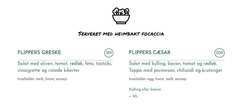 Flipper Kafé Norge Salat Meny