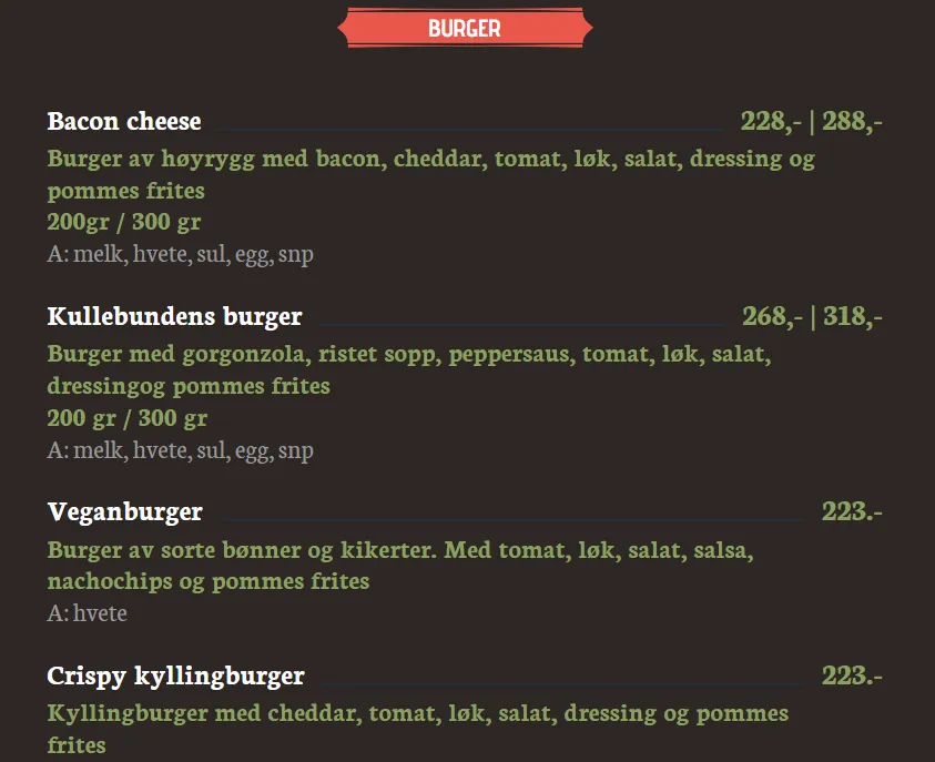Kullebunden Spiseri Burger Meny Norge