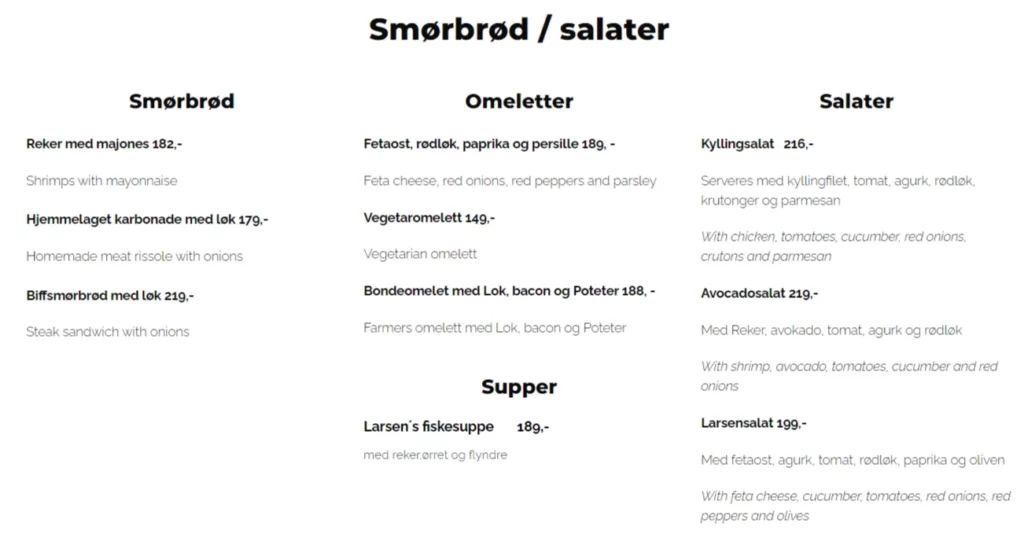Larsen Restaurant Smørbrød & Salater Meny Norge