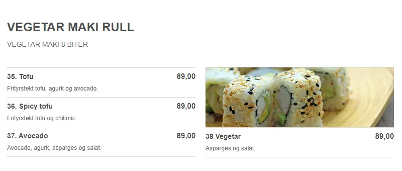Sushihuset Røa Vegetar Maki Rull Meny Pris