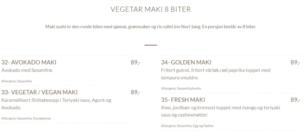 Ichiban Sushi Norge Vegetar Maki Meny