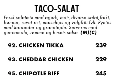 Den Sultne Mave Fusion Taco-Salat Meny Pris