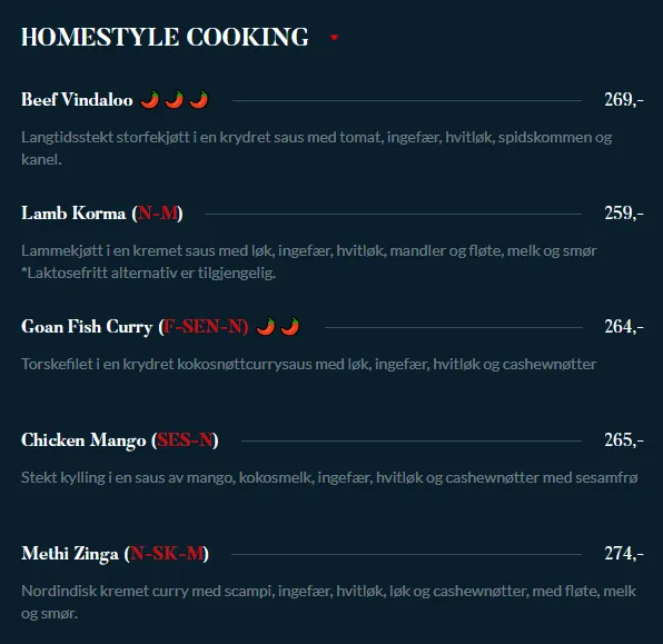 Indie Homestyle Cooking Meny Pris