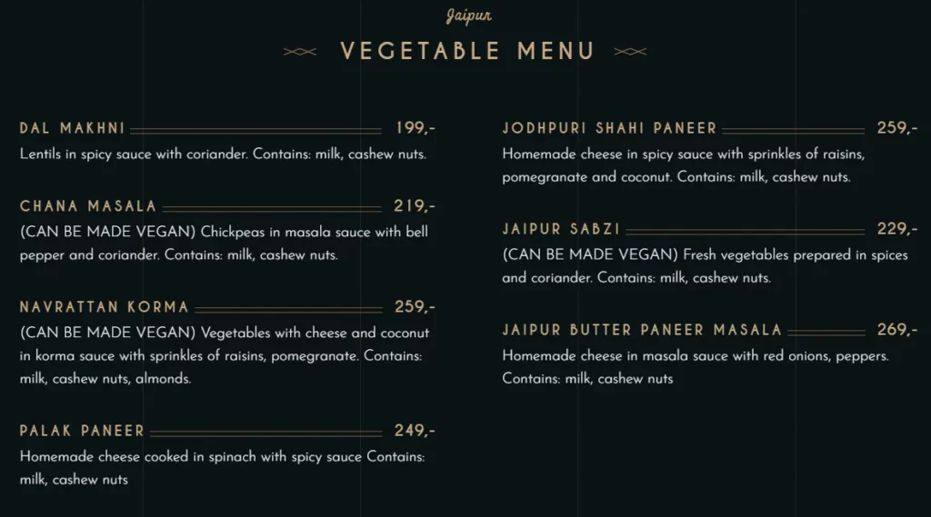 Jaipur Norge Vegetables Specialties Meny